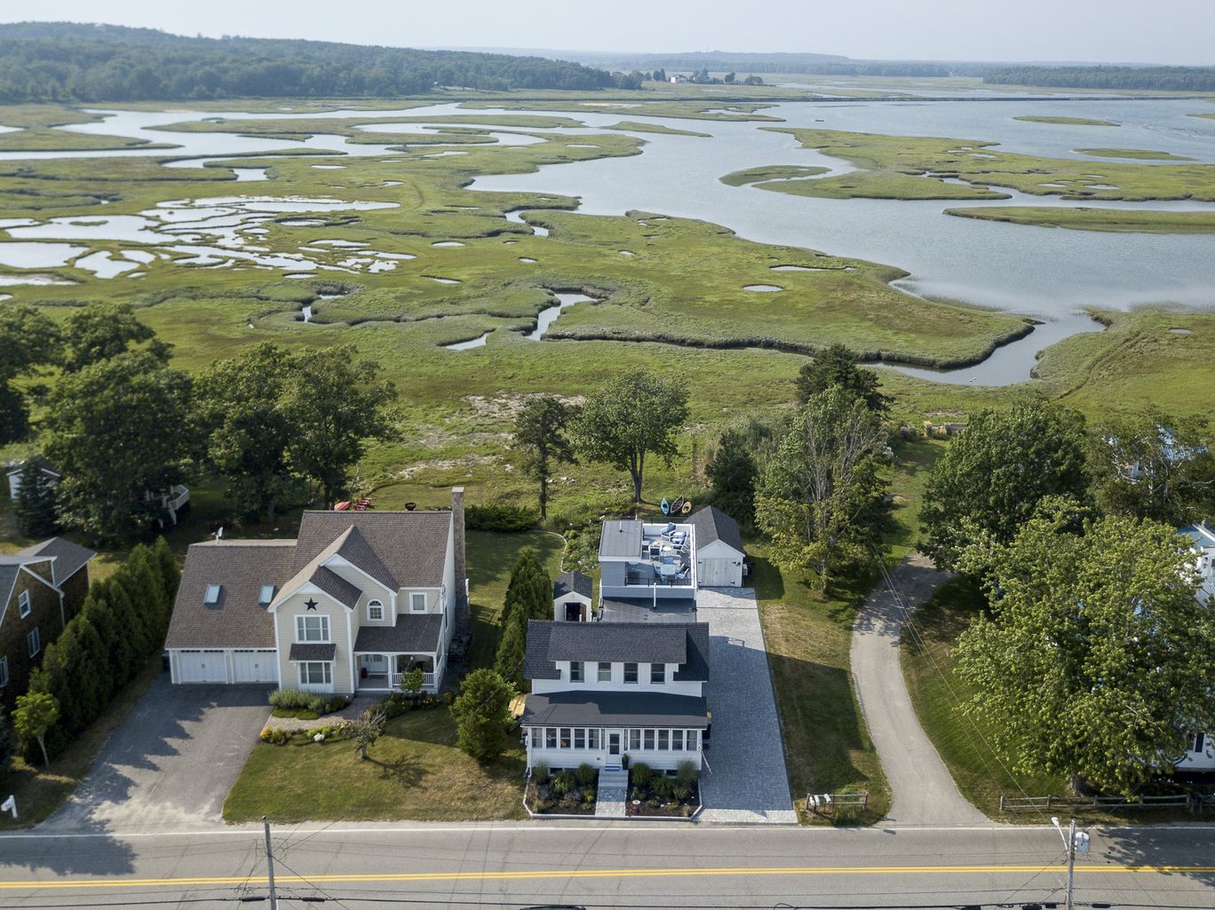 Aerial view of a tidal marsh estuary threaded with narrow channels.