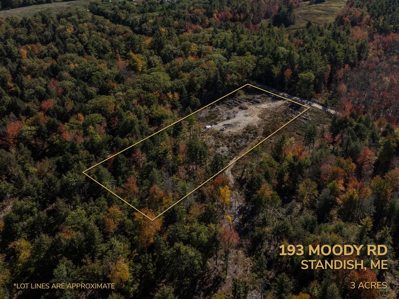 Aerial photograph of a wooded lot with the property lines marked.